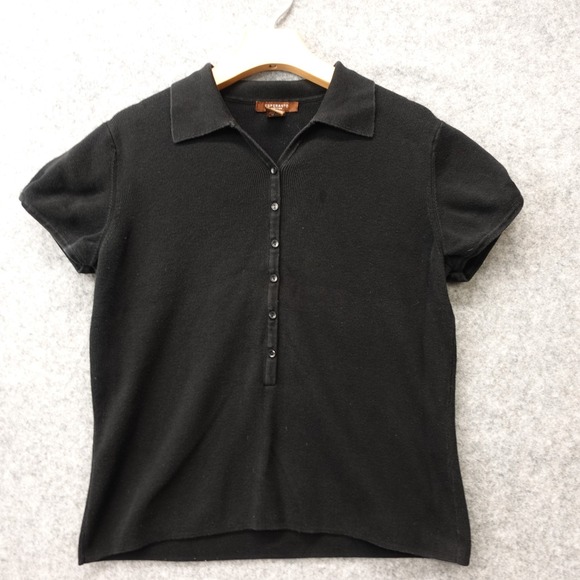 Esperanto Tops - Womens Black Popover Polo Shirt LARGE Puff Sleeve Office Knit Preppy ESPERANTO